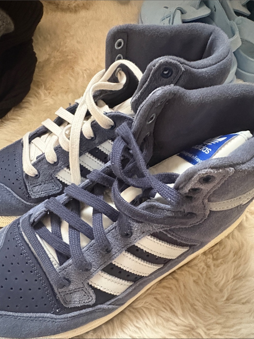 adidas Dusty Blue Suede High-Top Sneakers with White Stripes